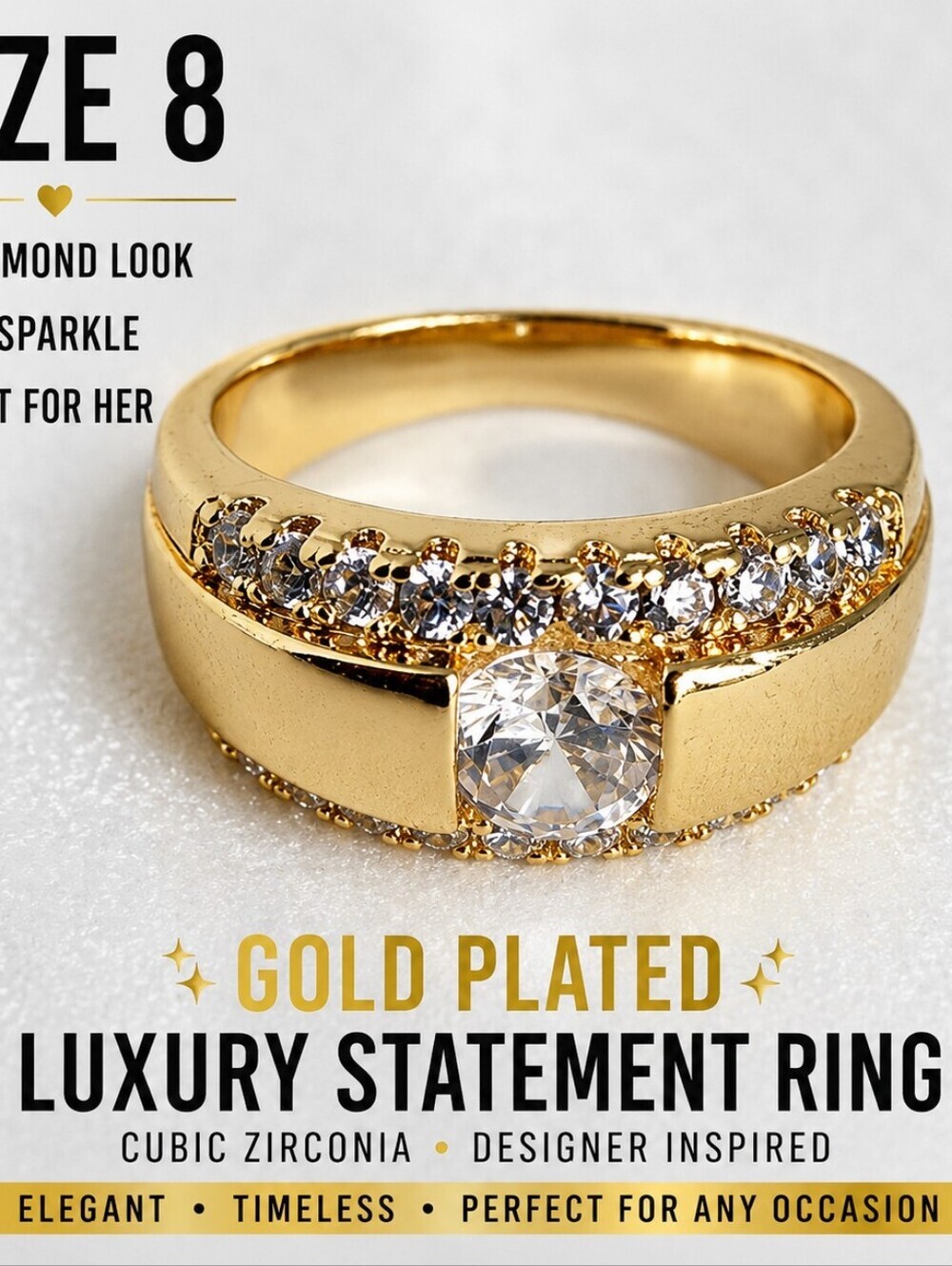 Gold Plated CZ Engagement Ring Size 8 Diamond Look Luxury Statement Ring